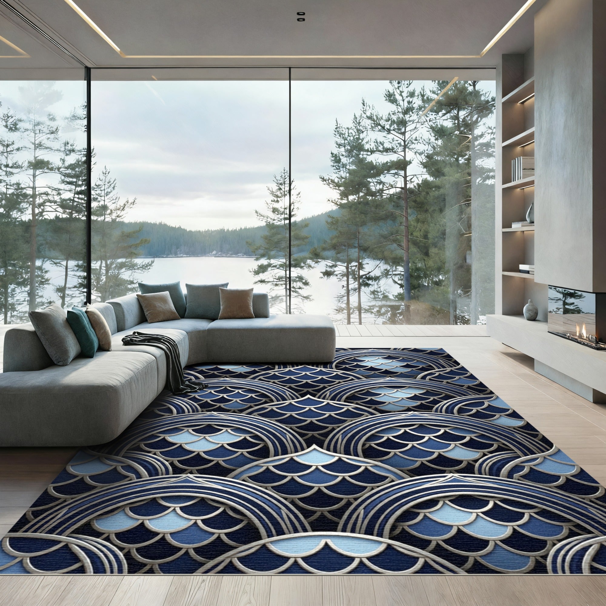 Deep Blue Layered Scale Arch Rug