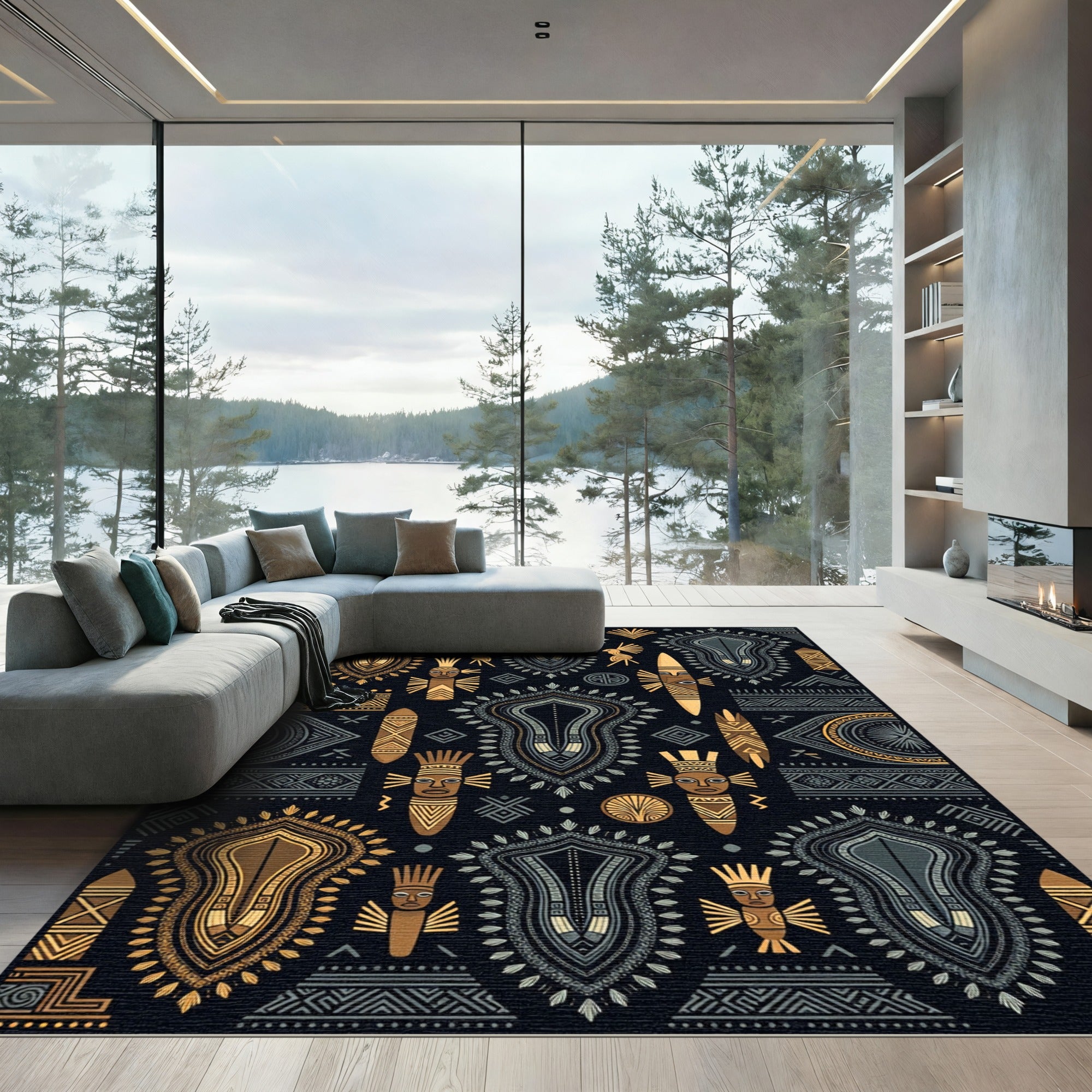 Tribal Masks And Birds Golden Gray Rug