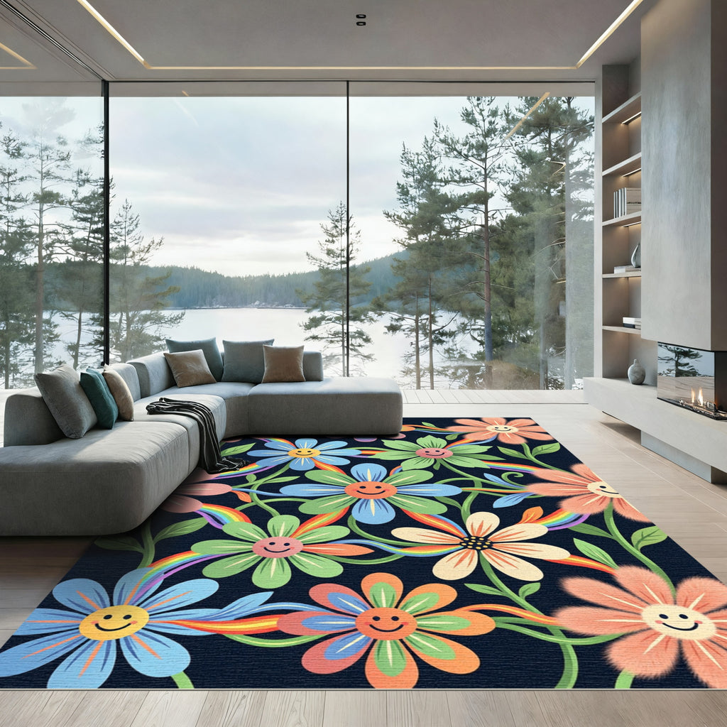 Whimsical Rainbow Happy Flower Meadow Rug