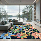 Whimsical Rainbow Happy Flower Meadow Rug