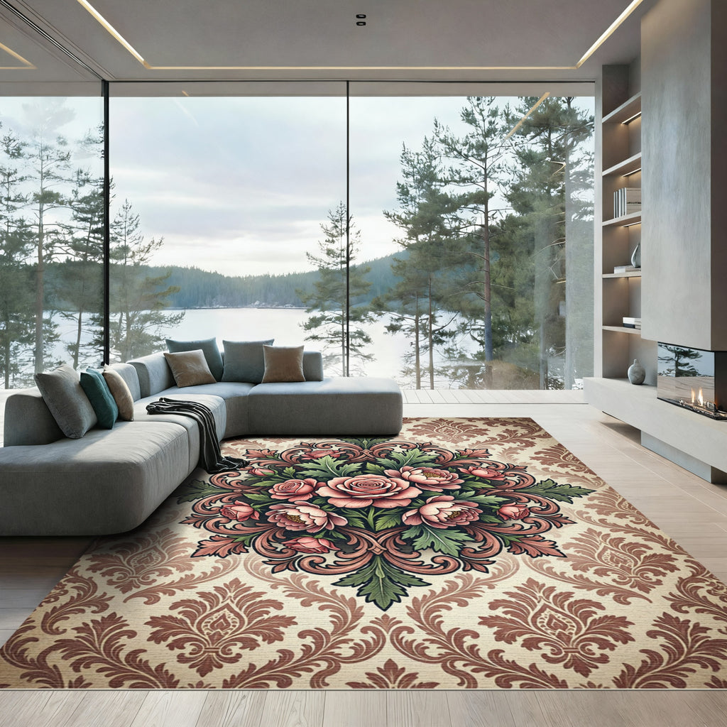 Vintage Rose Floral Damask Medallion Rug