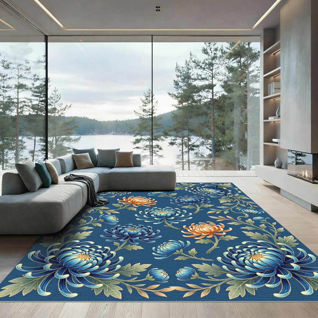 Elegant Blue and Gold Chrysanthemum Floral Rug
