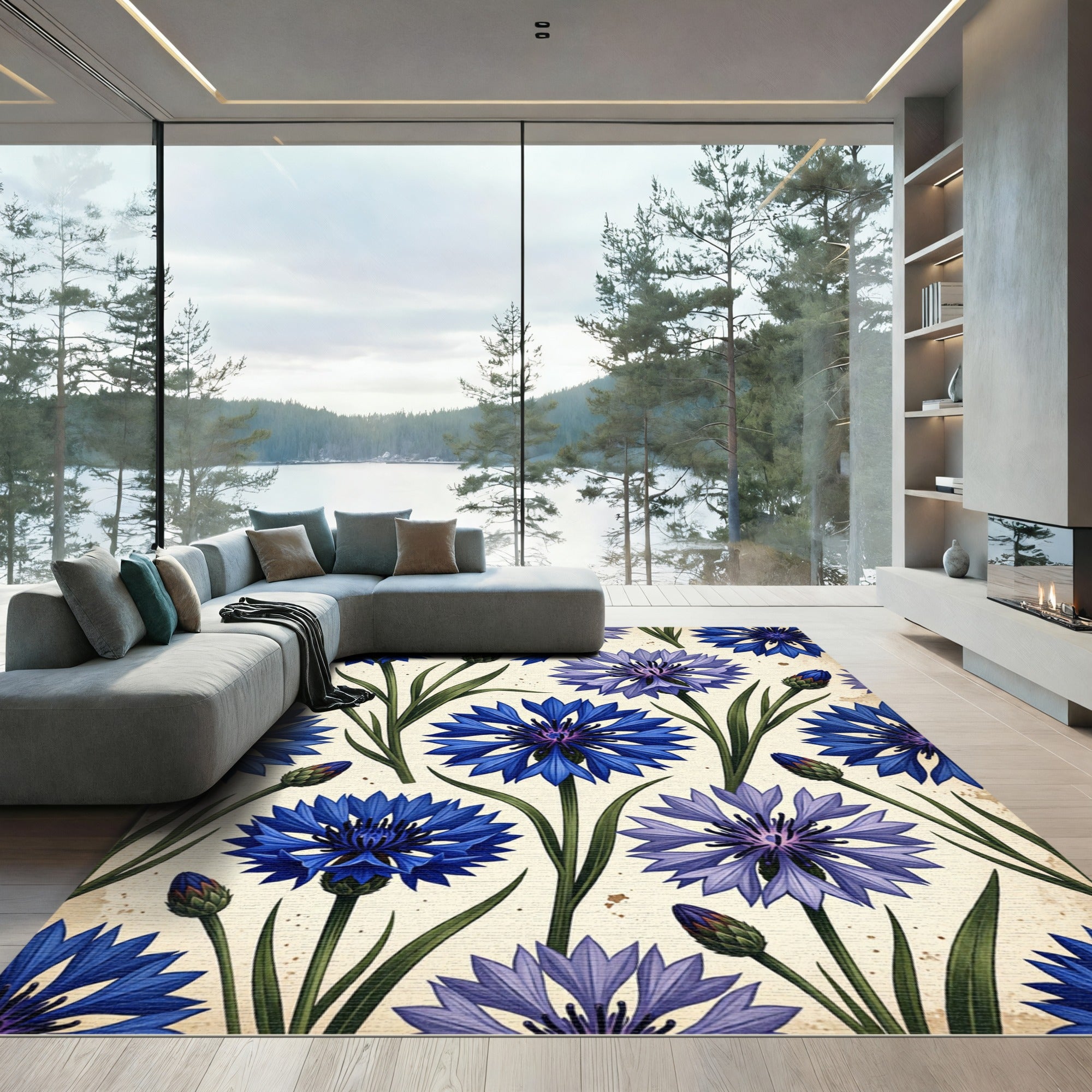 Blue Cornflower Garden Botanical Art Rug