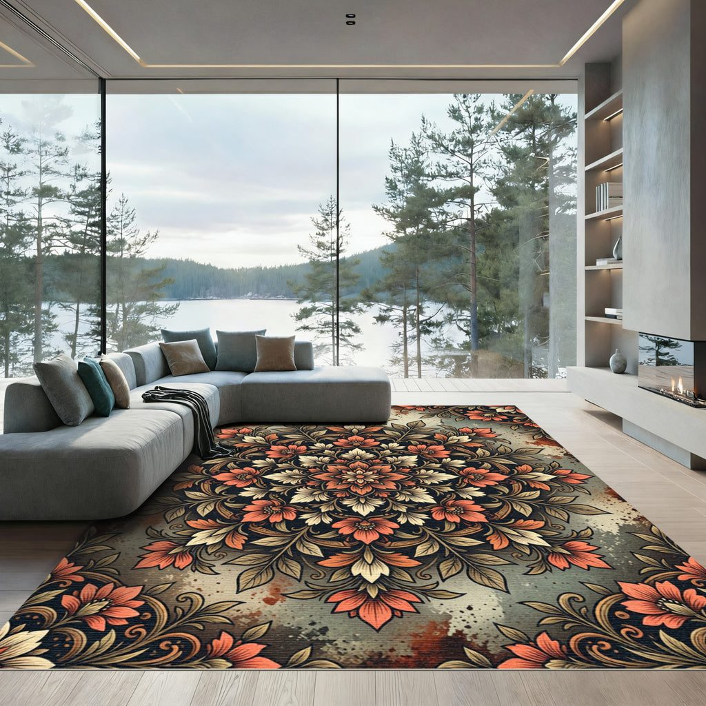 Earthy Orange Floral Mandala Medallion Rug