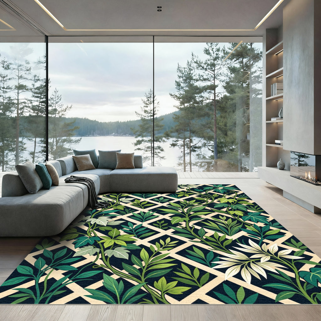 Lush Green Botanical Lattice Trellis Rug