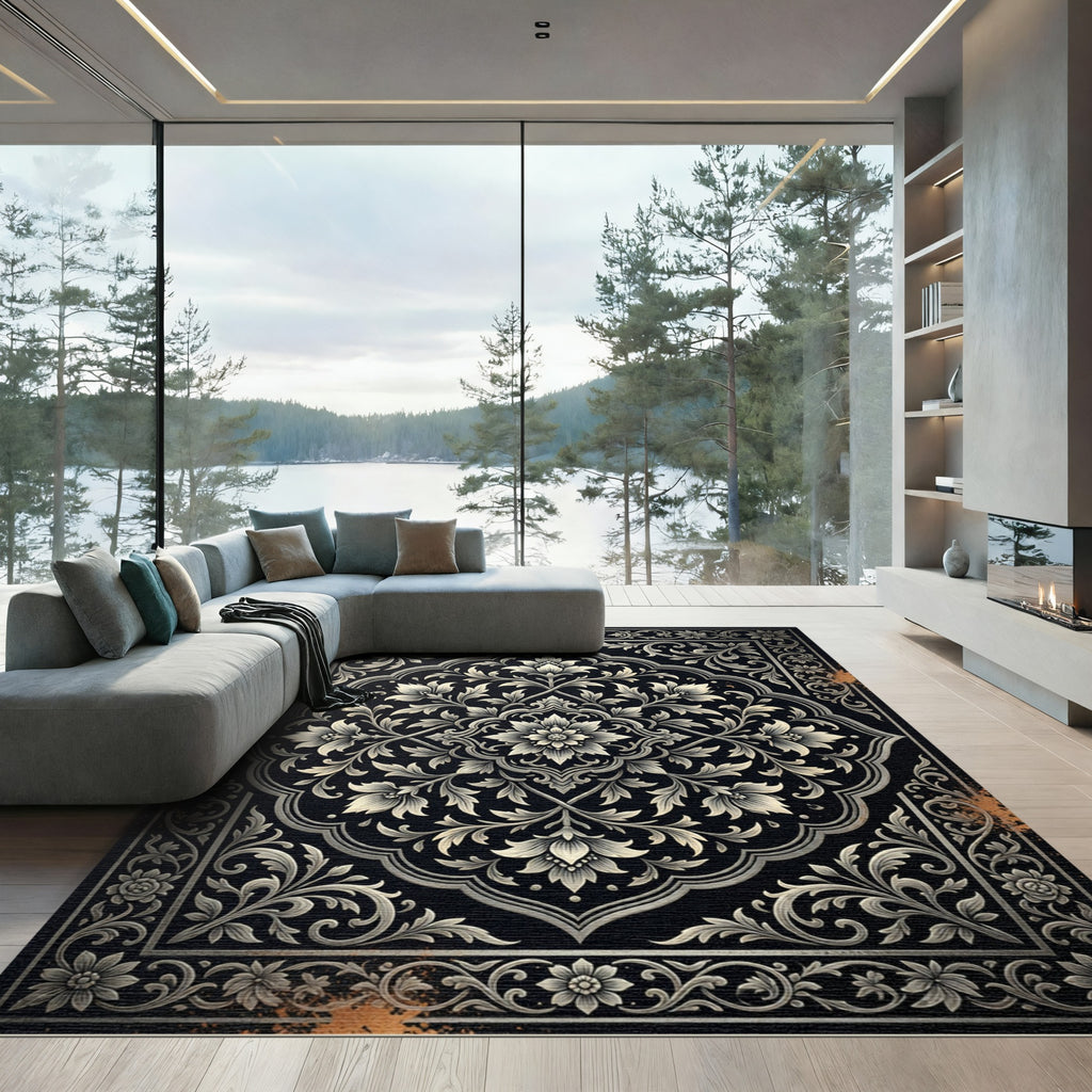 Monochromatic Black Floral Laurel Frame Rug