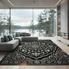 Monochromatic Black Floral Laurel Frame Rug