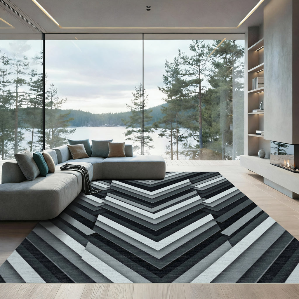 Modern Gray Monochromatic Chevron Layered Rug