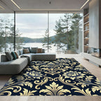Elegant Gold Floral Damask Navy Backdrop Rug