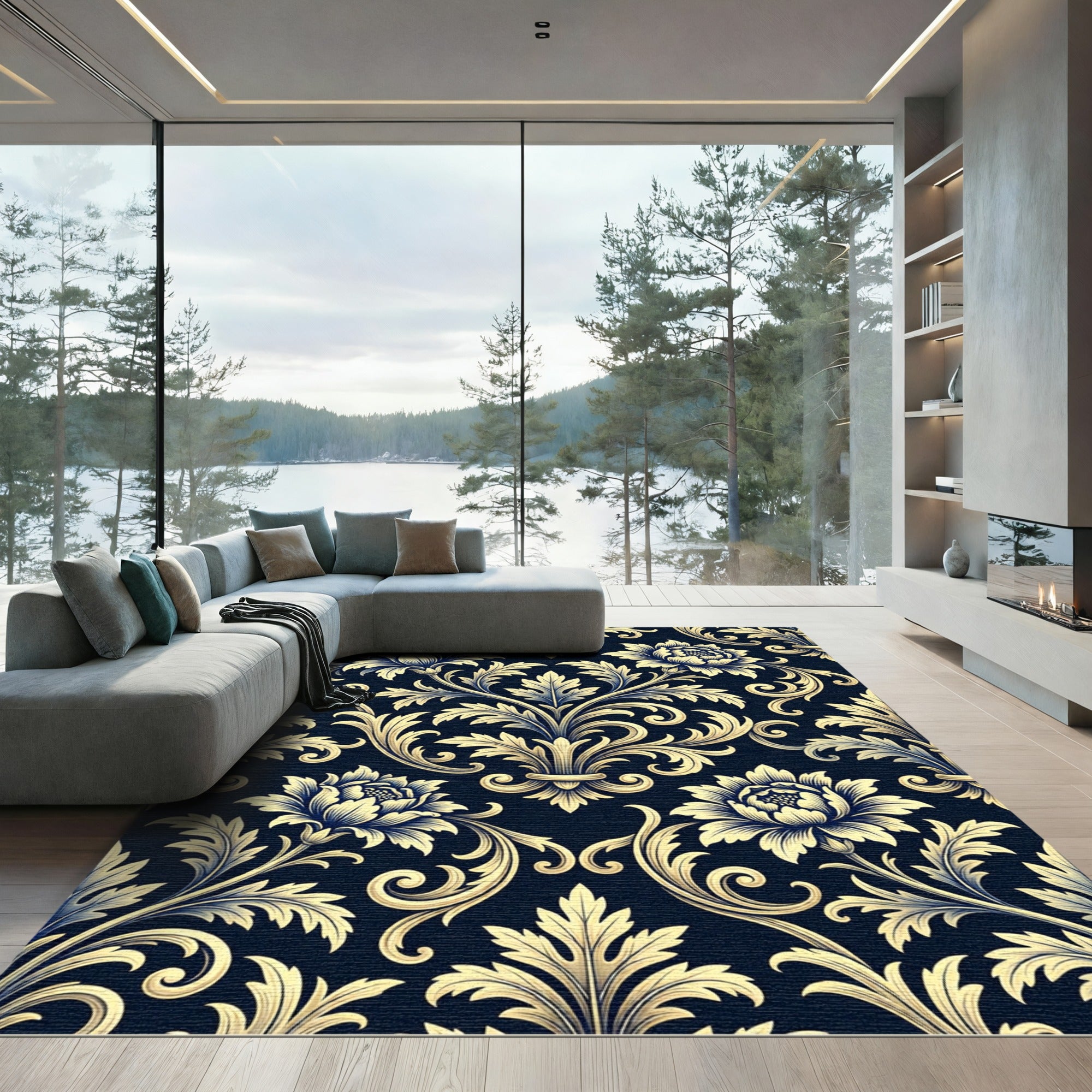 Elegant Gold Floral Damask Navy Backdrop Rug