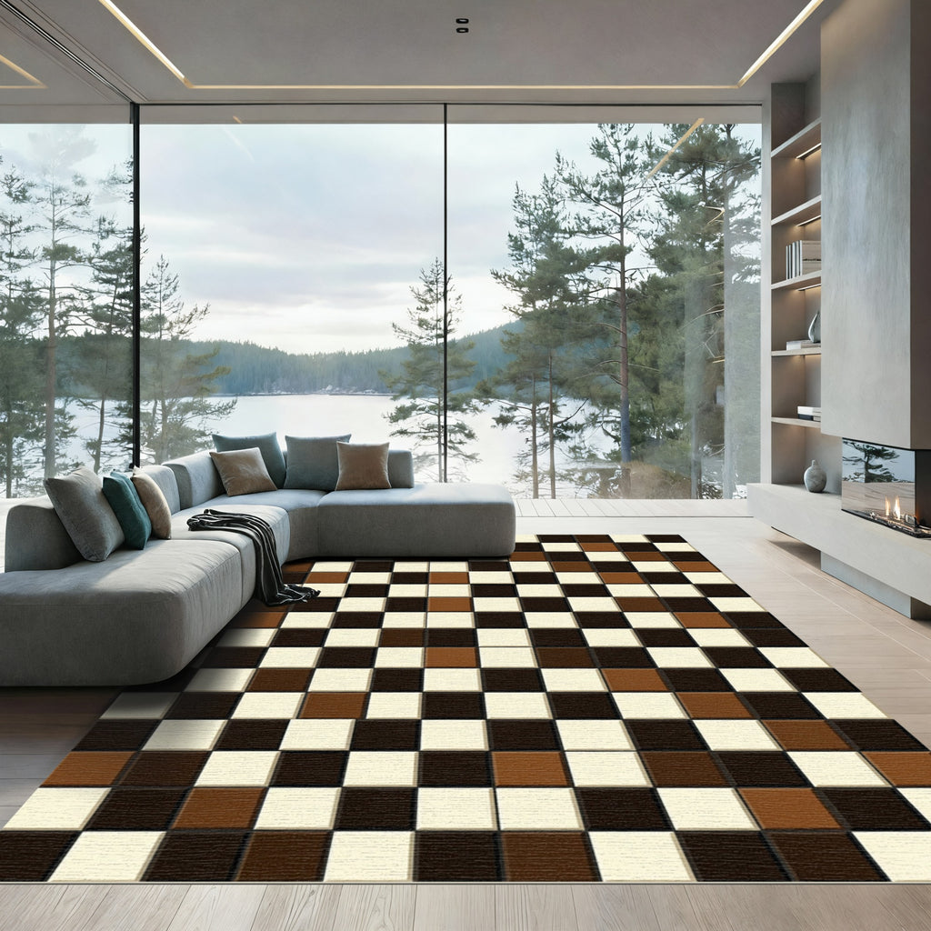 Brown Cream Black Checkerboard Squares Rug