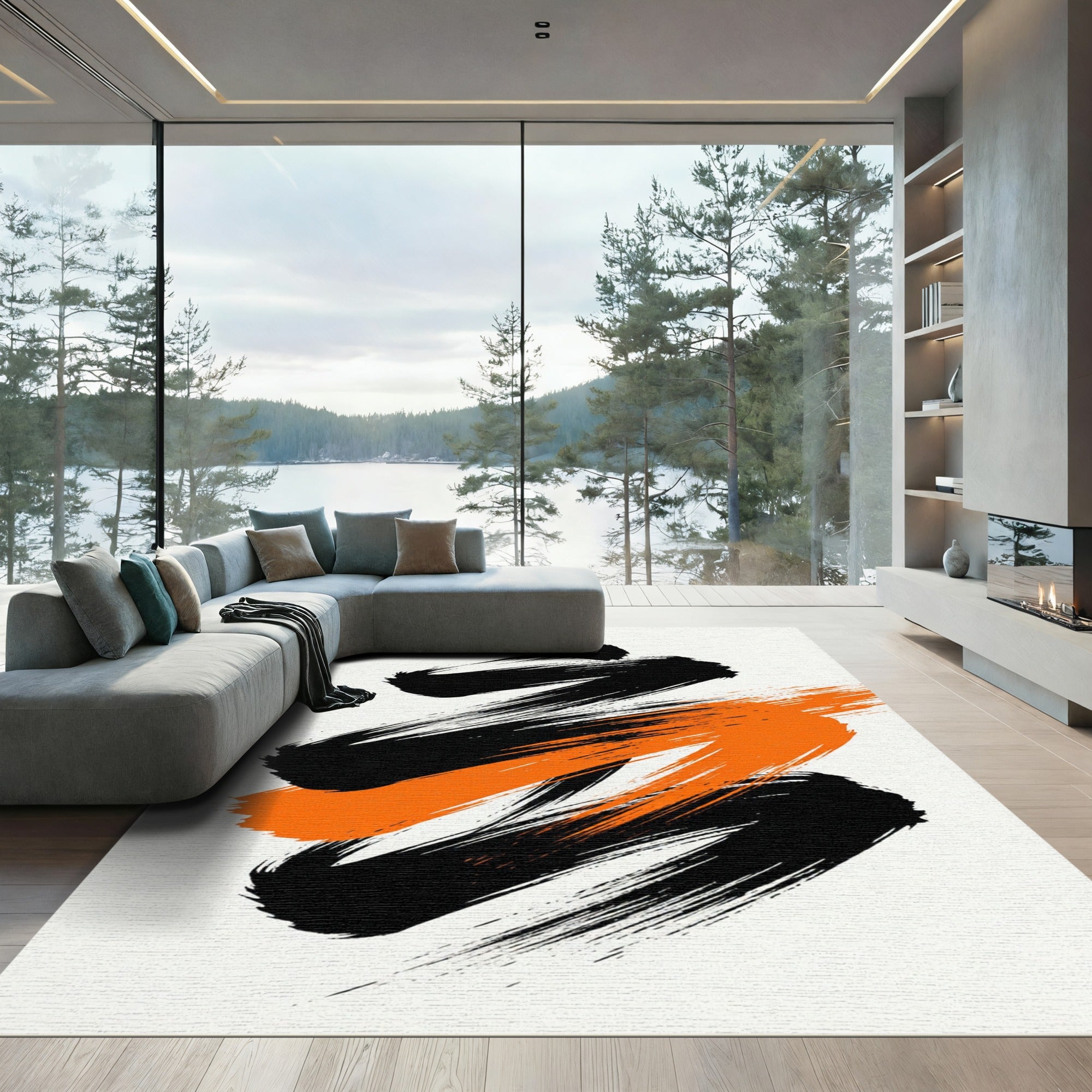Minimalist Black and Orange Abstract Brushstroke Rug