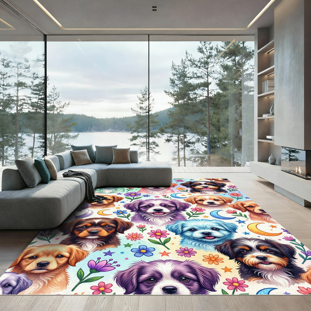 Whimsical Pastel Puppy Floral Celestial Art Rug