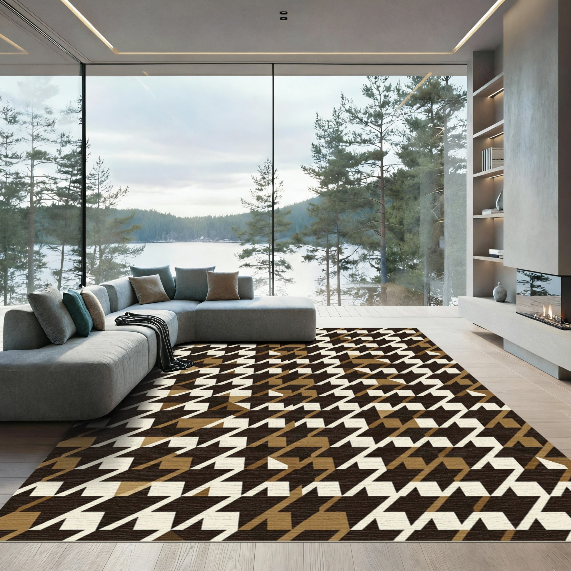 Brown Cream Houndstooth Geometric Rug