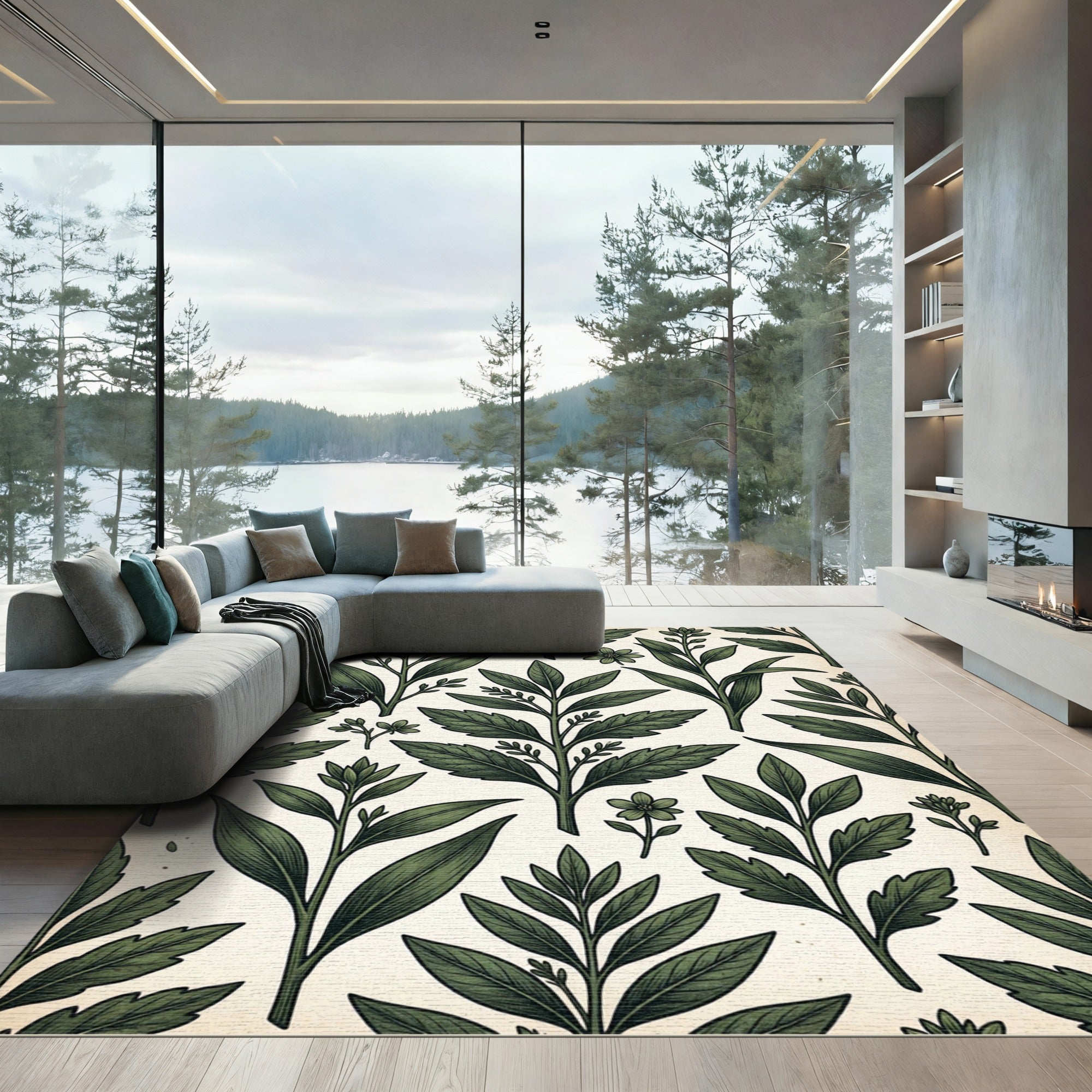 Verdant Botanical Branch Leaf Repeats Rug