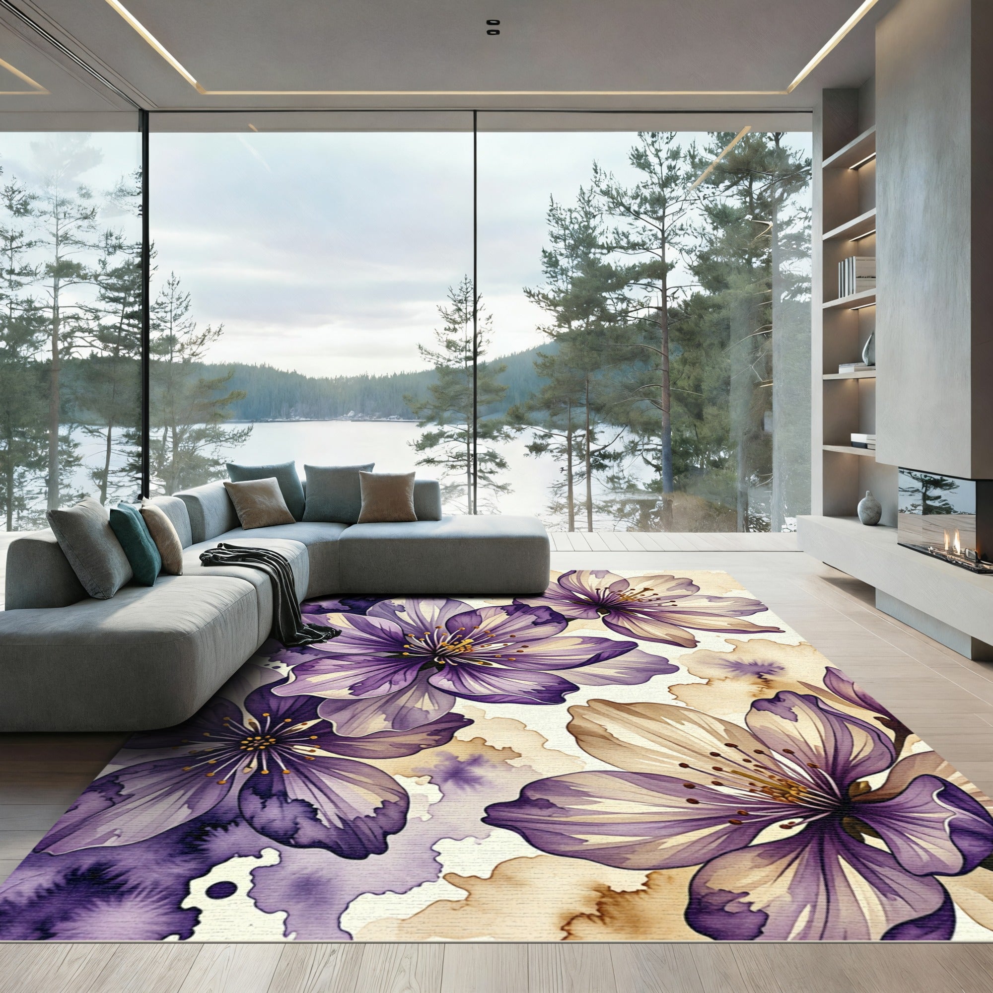 Deep Lavender Floral Watercolor Splatter Rug