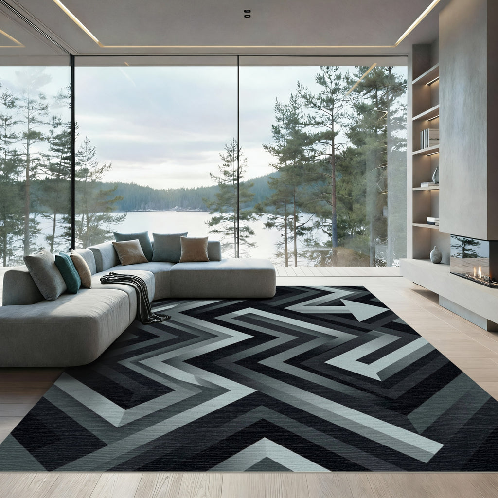 Modern Charcoal Abstract Geometric Chevron Rug