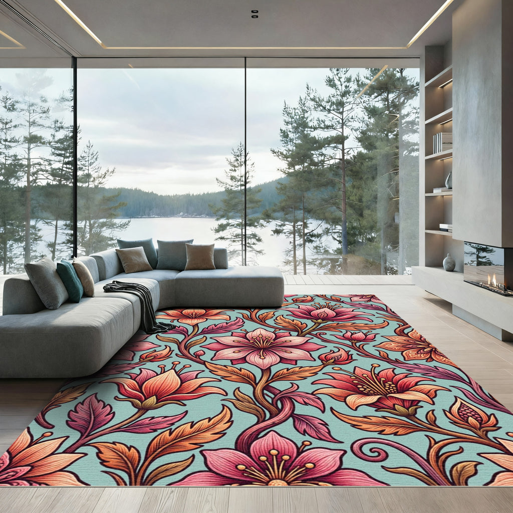 Tangerine Coral Floral Vine Rug