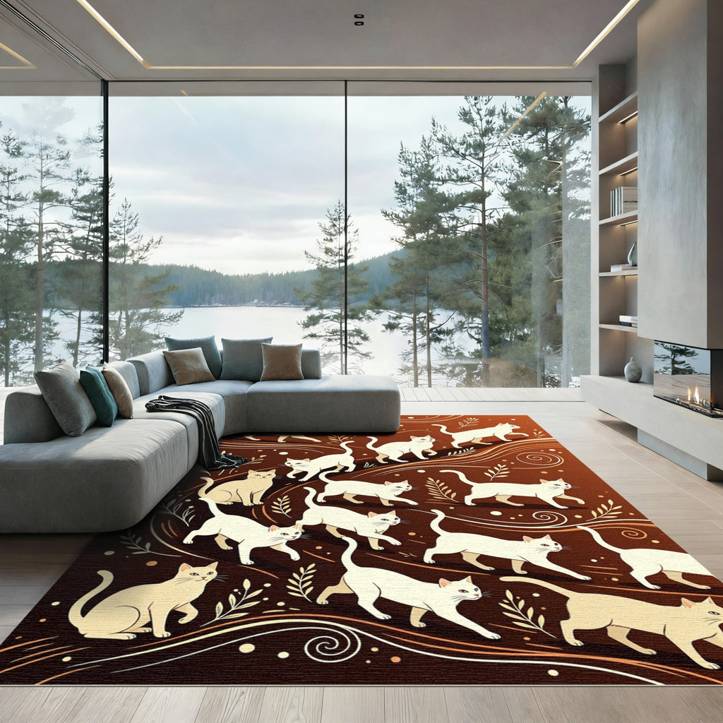 Whimsical Cream Cats Swirling Lines Rug