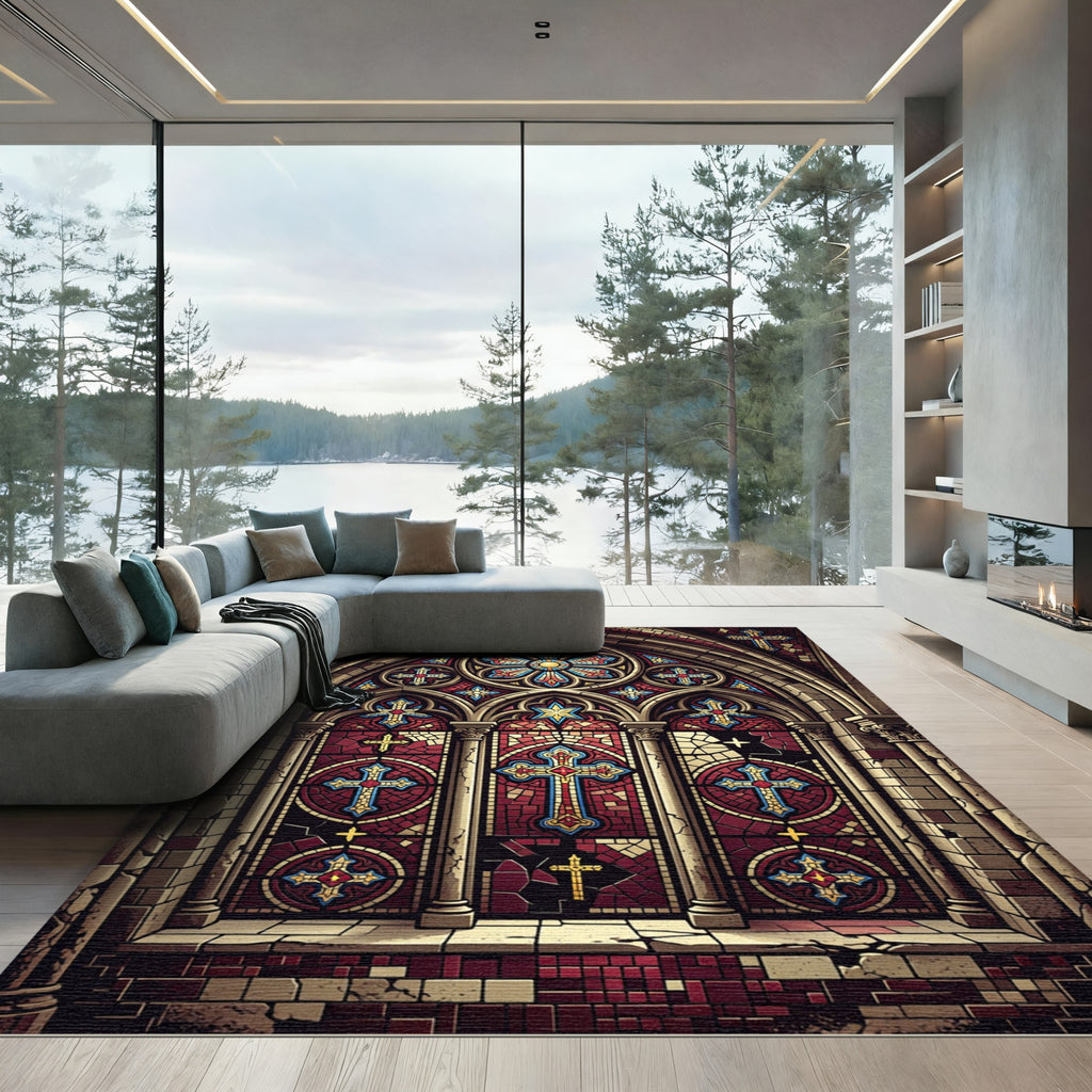 Gothic Stained Glass Cross Medallion Rug