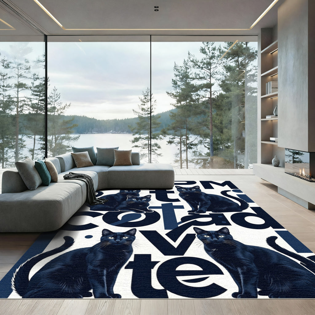 Modern Black Cat Typographic Art Rug
