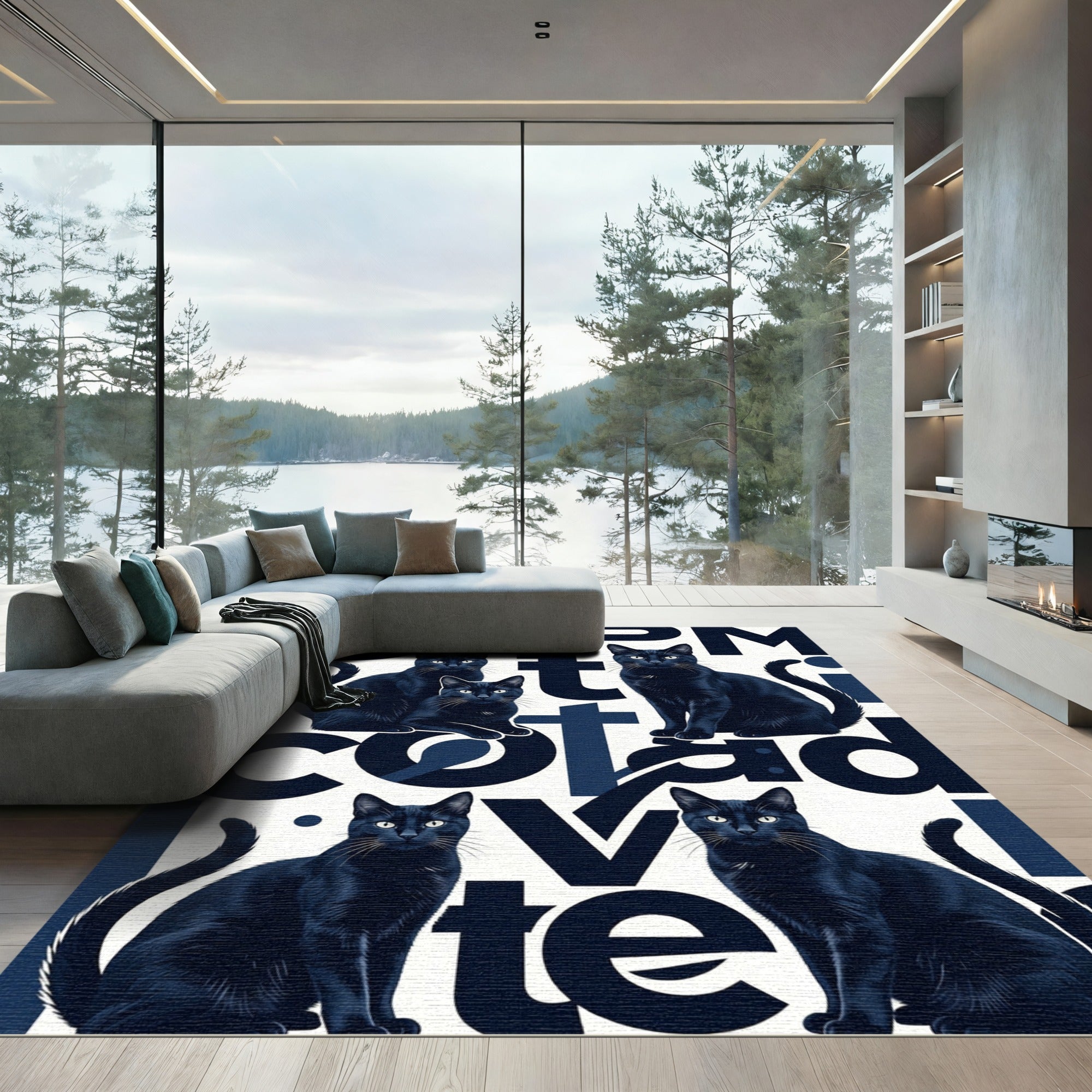 Modern Black Cat Typographic Art Rug
