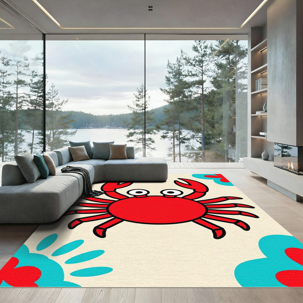 Whimsical Red Crab With Blue Flora Rug