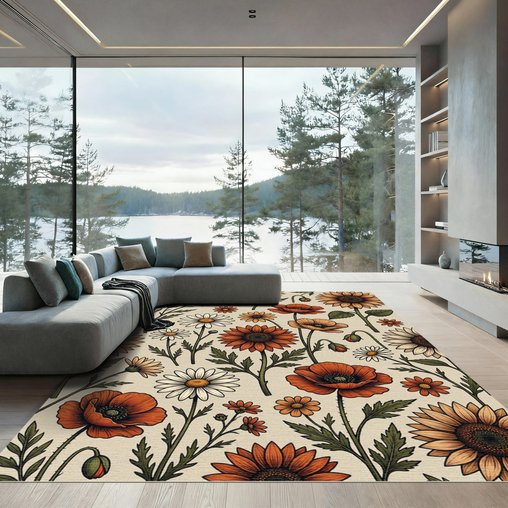 Vintage Autumnal Wildflower Field Meadow Rug