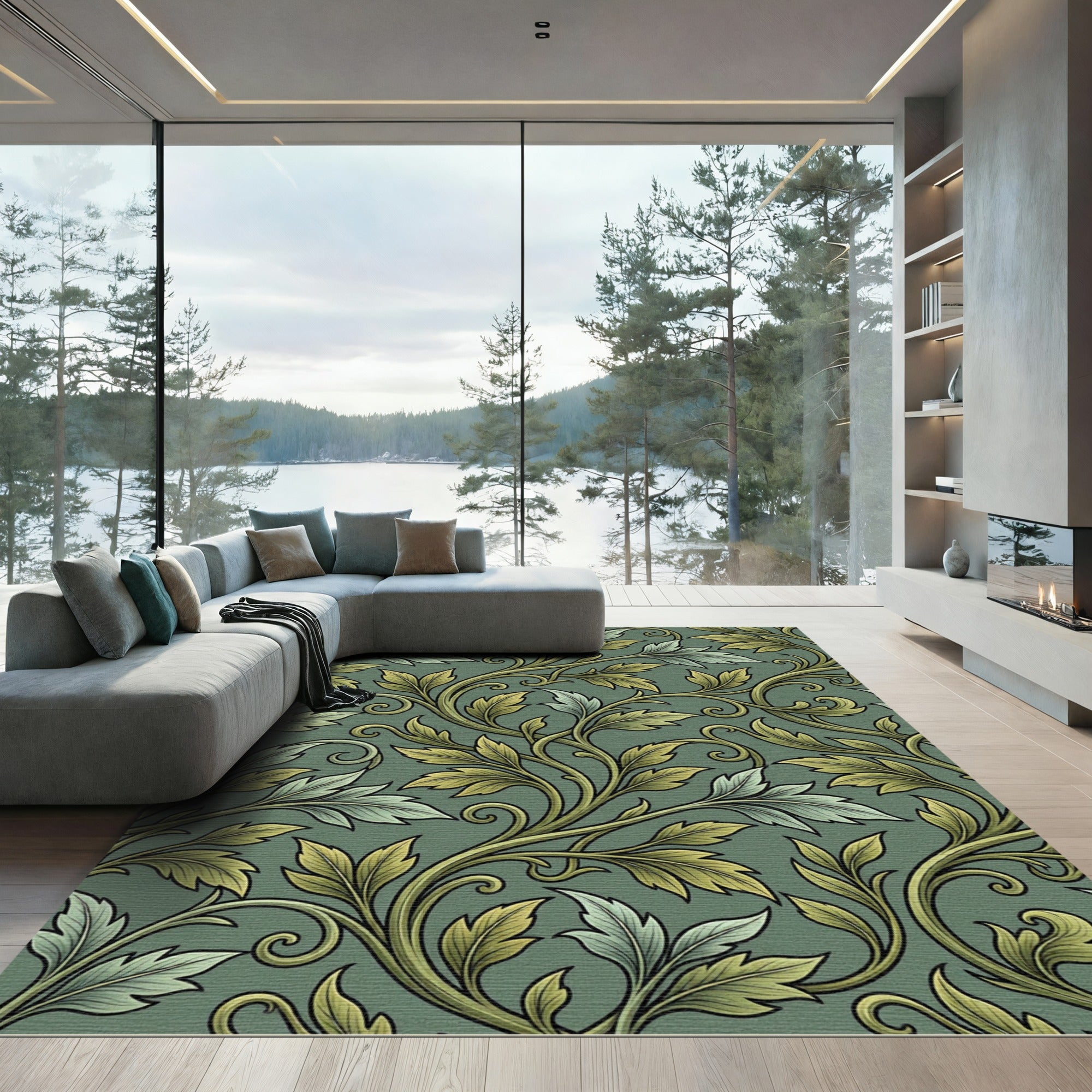 Green Leafy Vine Scroll Rug