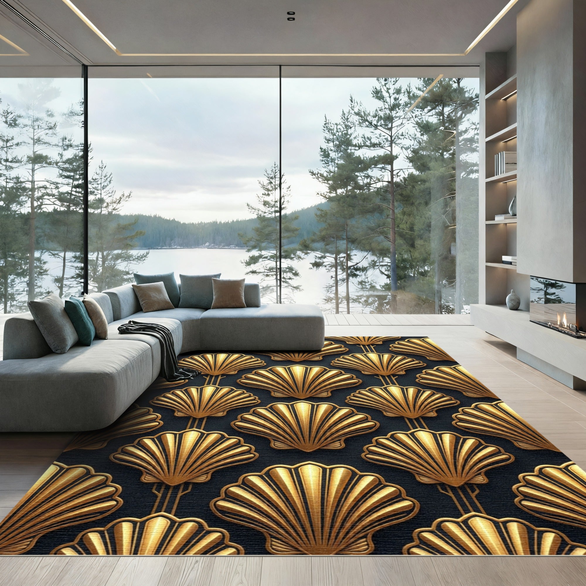 Art Deco Golden Shell Geometric Rug