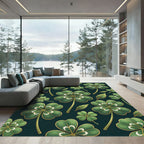 Elegant Green Clover Gold Leaf Botanical Rug