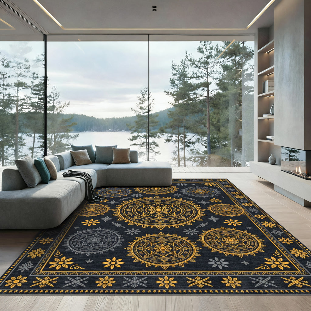 Gold and Charcoal Celestial Mandala Rug