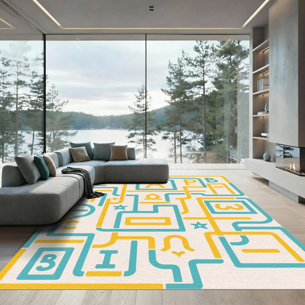 Turquoise Yellow Abstract Alphabet Labyrinth Rug