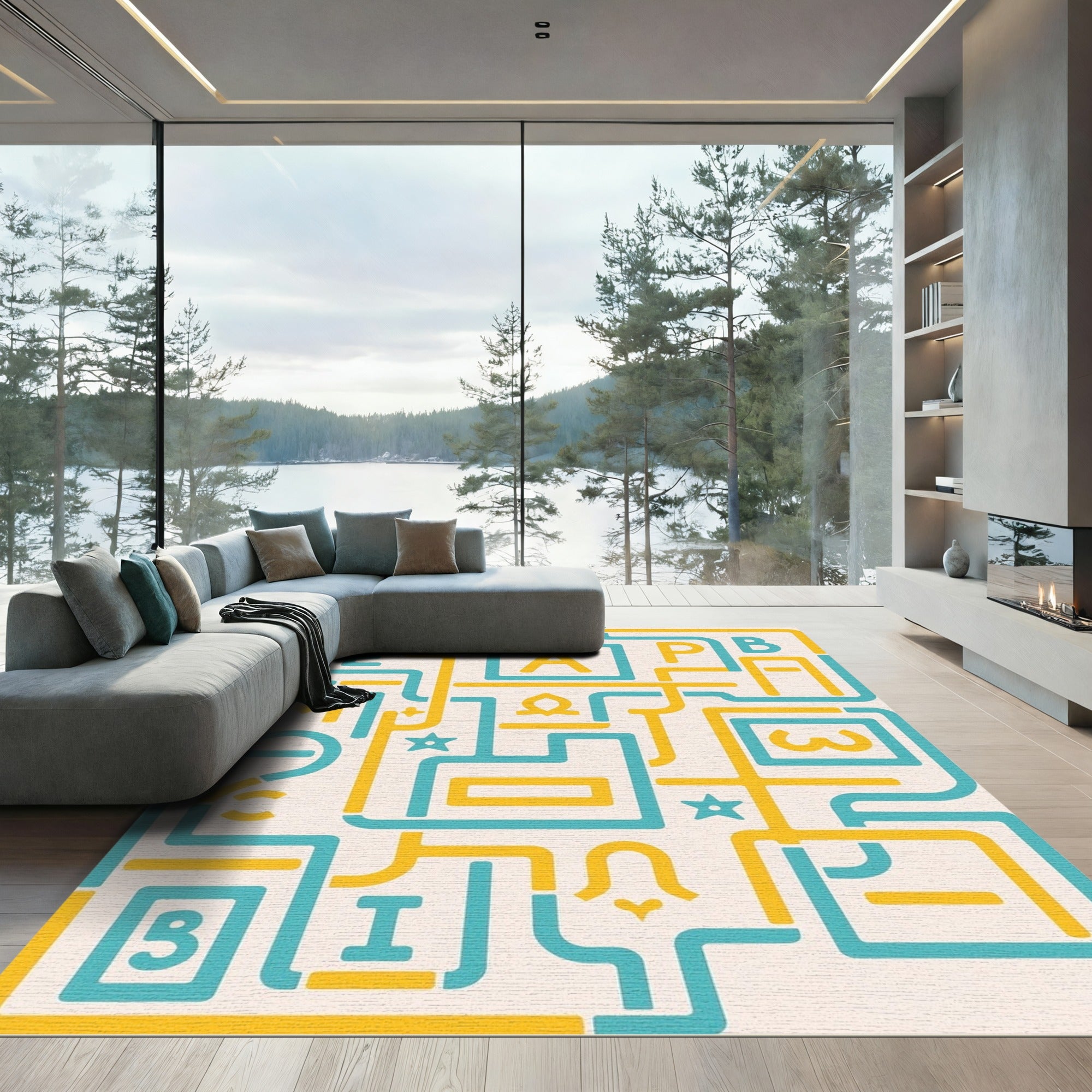 Turquoise Yellow Abstract Alphabet Labyrinth Rug