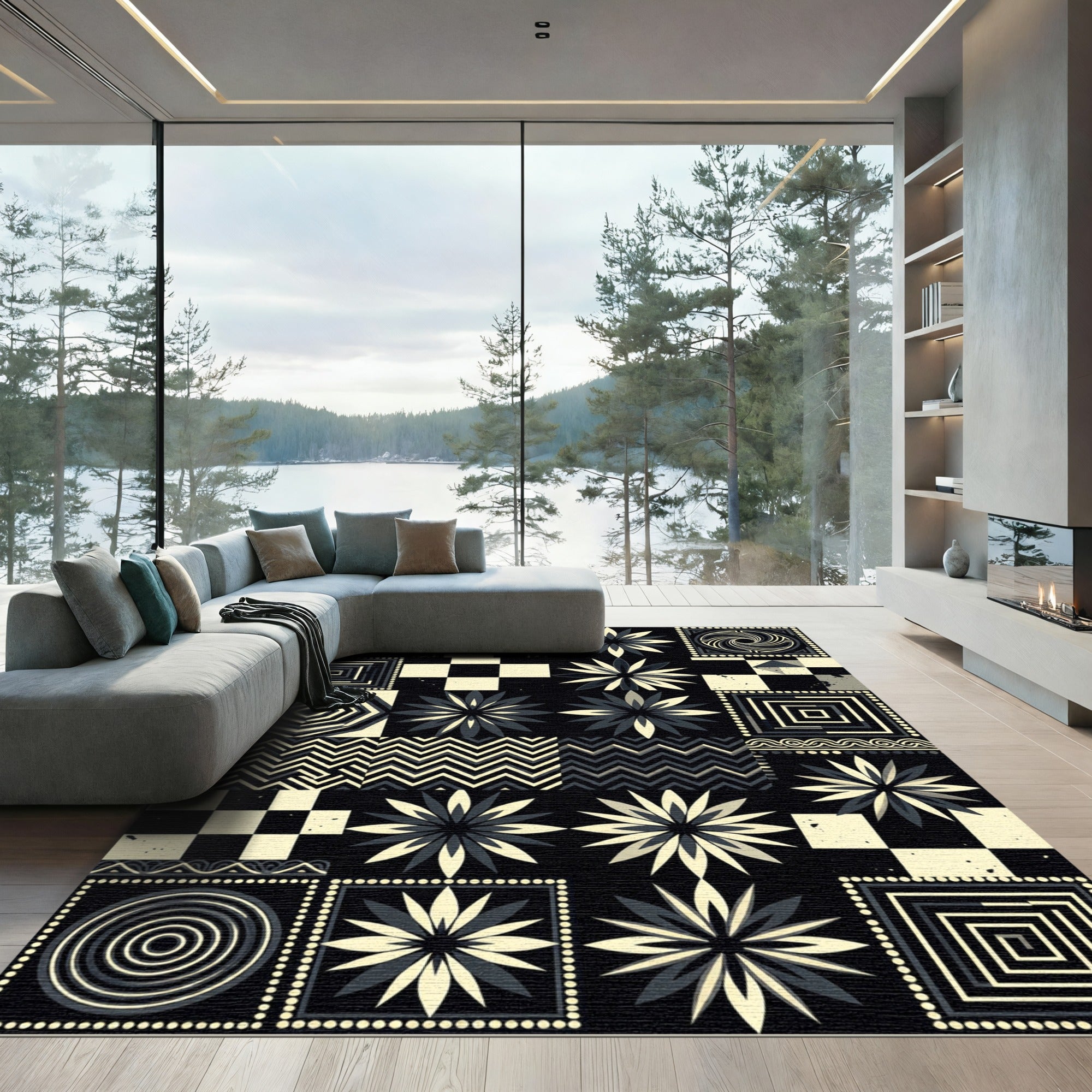 Geometric Starburst Chevron Mosaic Composition Rug