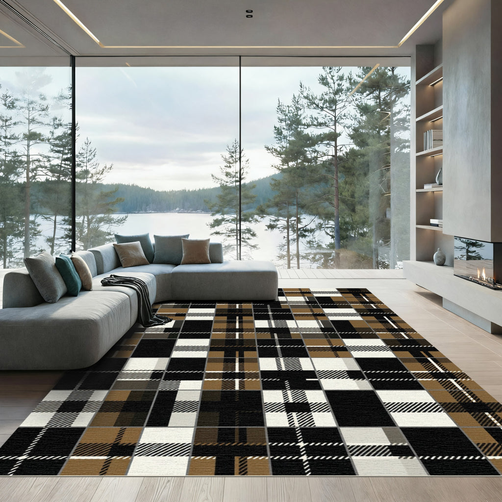 Modern Black And Tan Plaid Rug