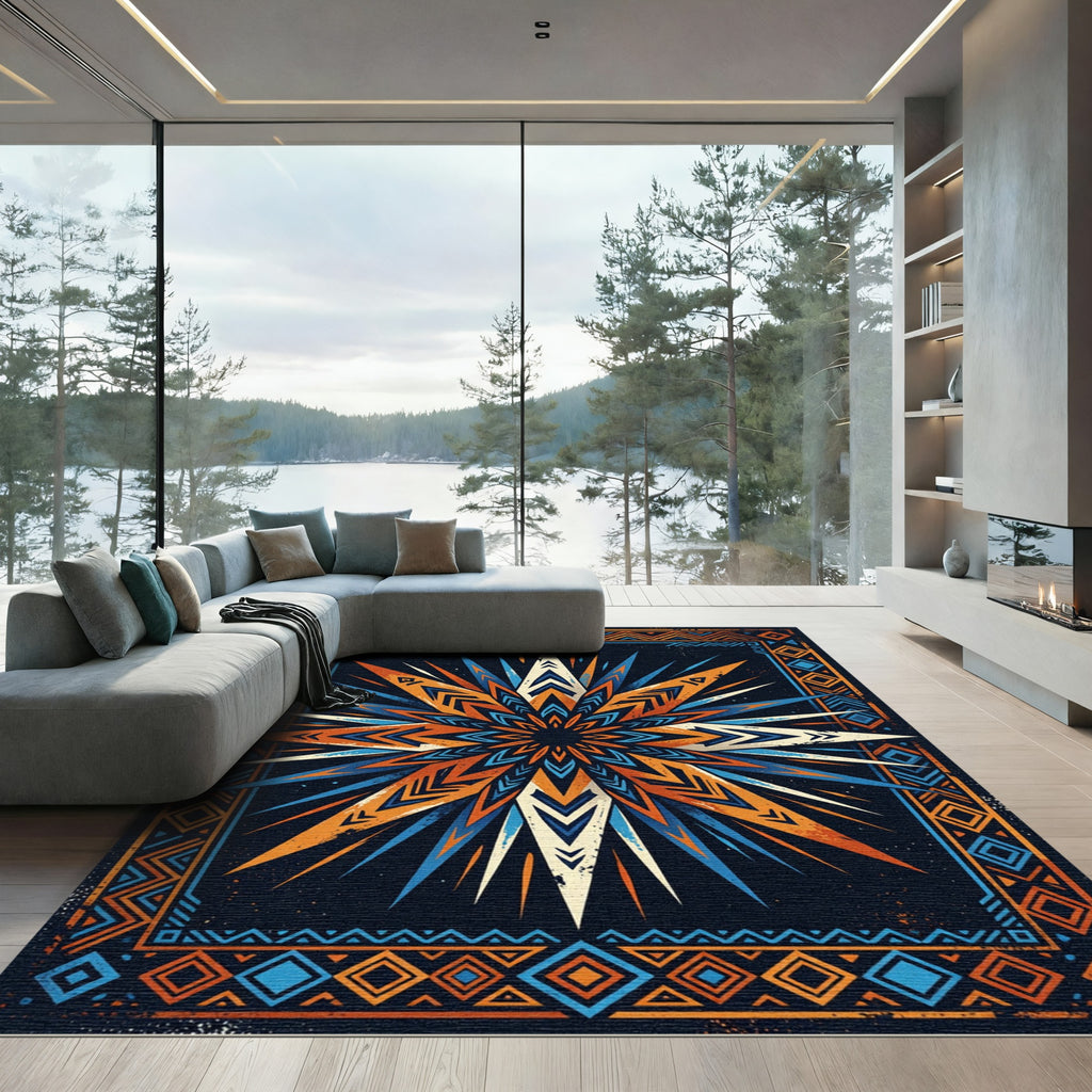 Vibrant Orange Blue Sunburst Border Rug