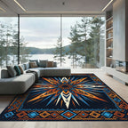 Vibrant Orange Blue Sunburst Border Rug