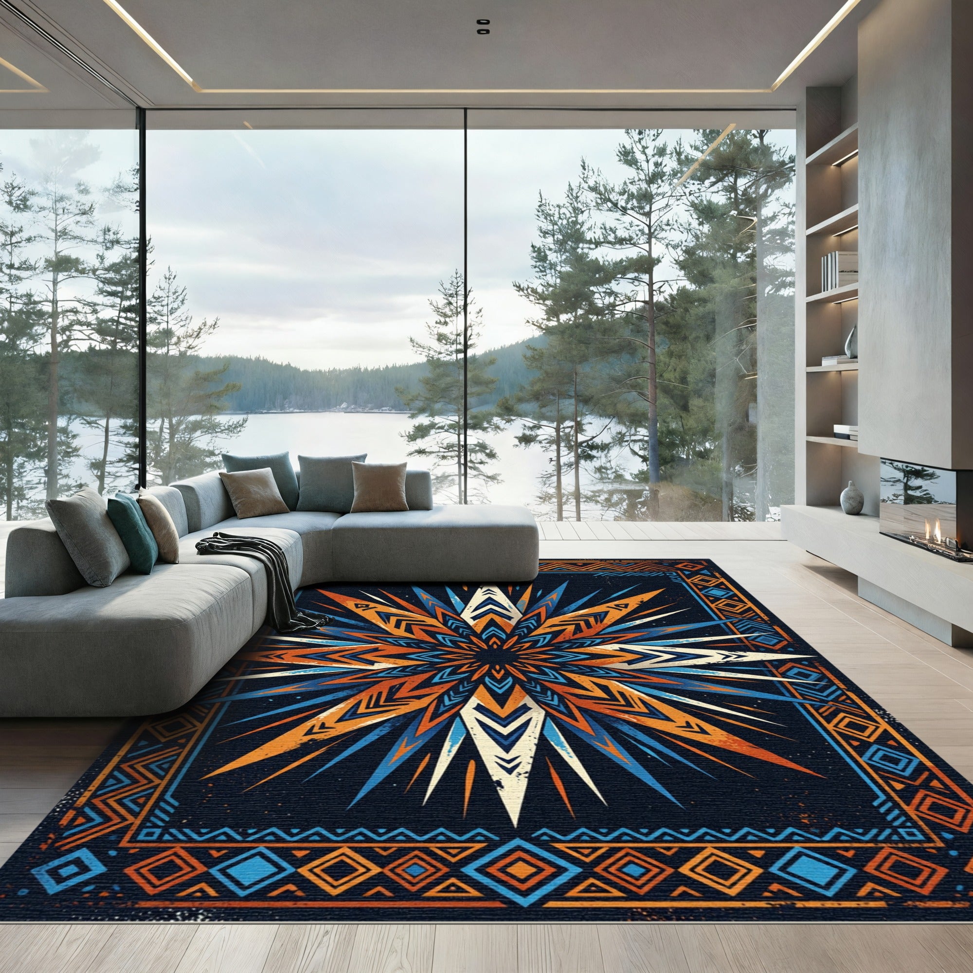 Vibrant Orange Blue Sunburst Border Rug