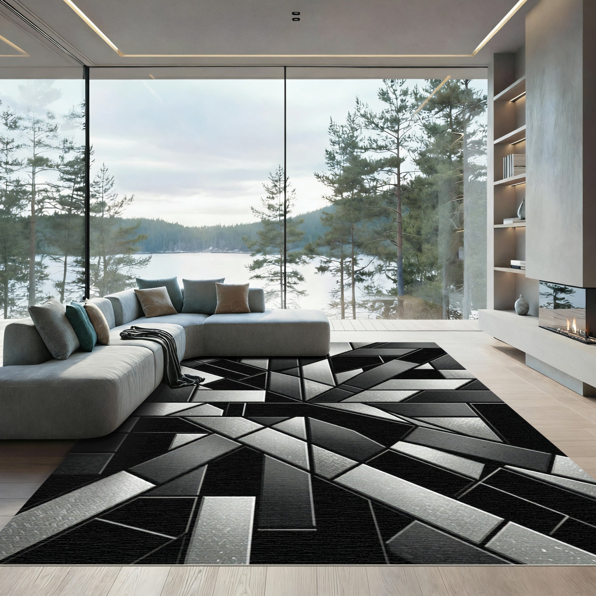 Monochromatic Geometric Industrial Steel Tile Rug