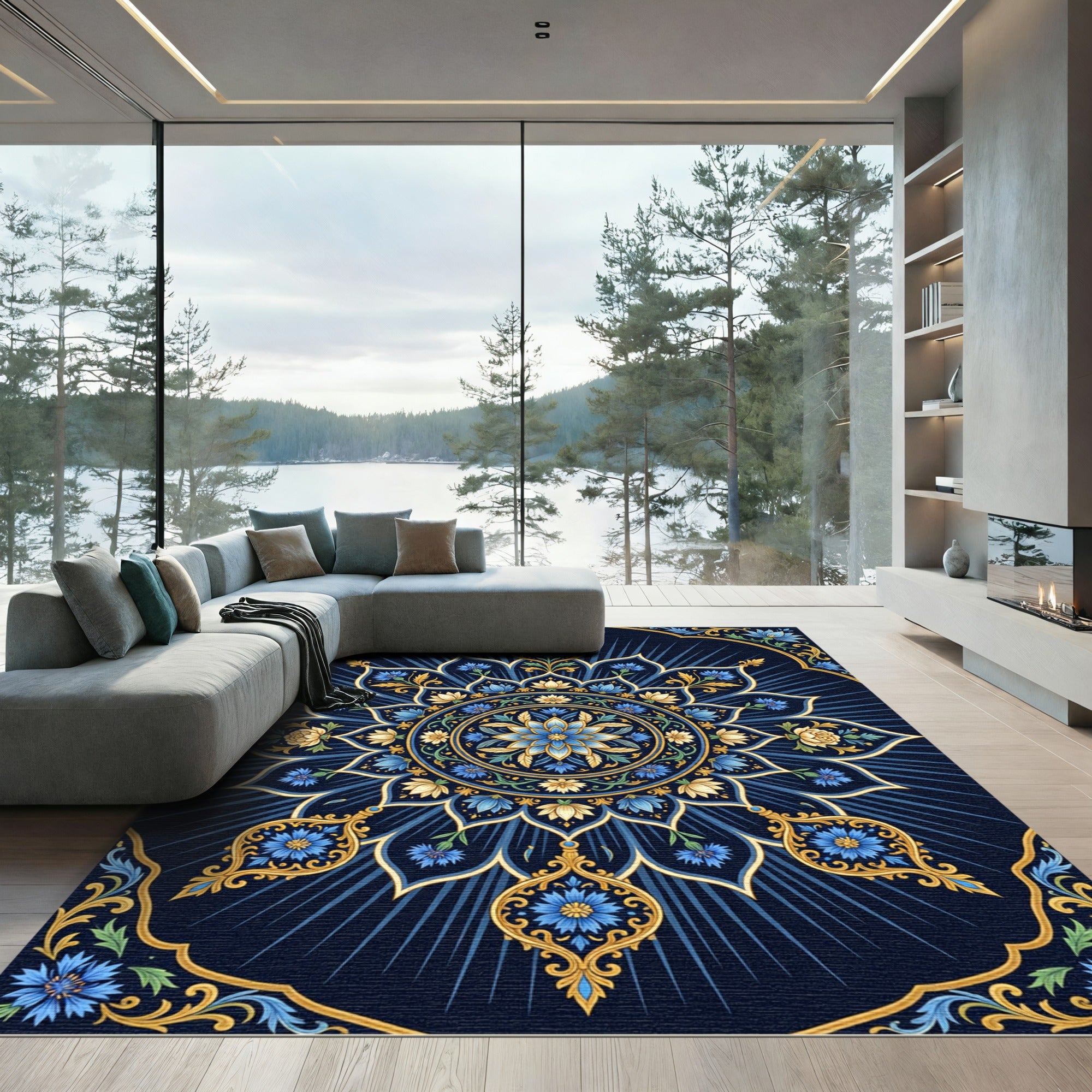 Midnight Blue Floral Medallion Mandala Rug