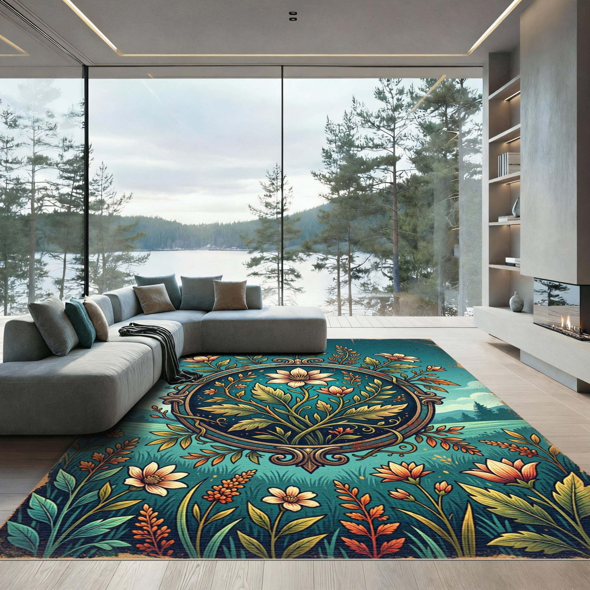Vintage Floral Medallion Cyan Garden Rug