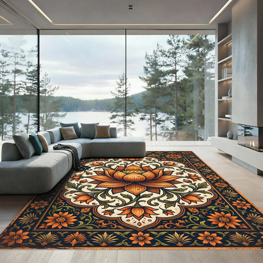 Ornate Amber Lotus Floral Medallion Rug