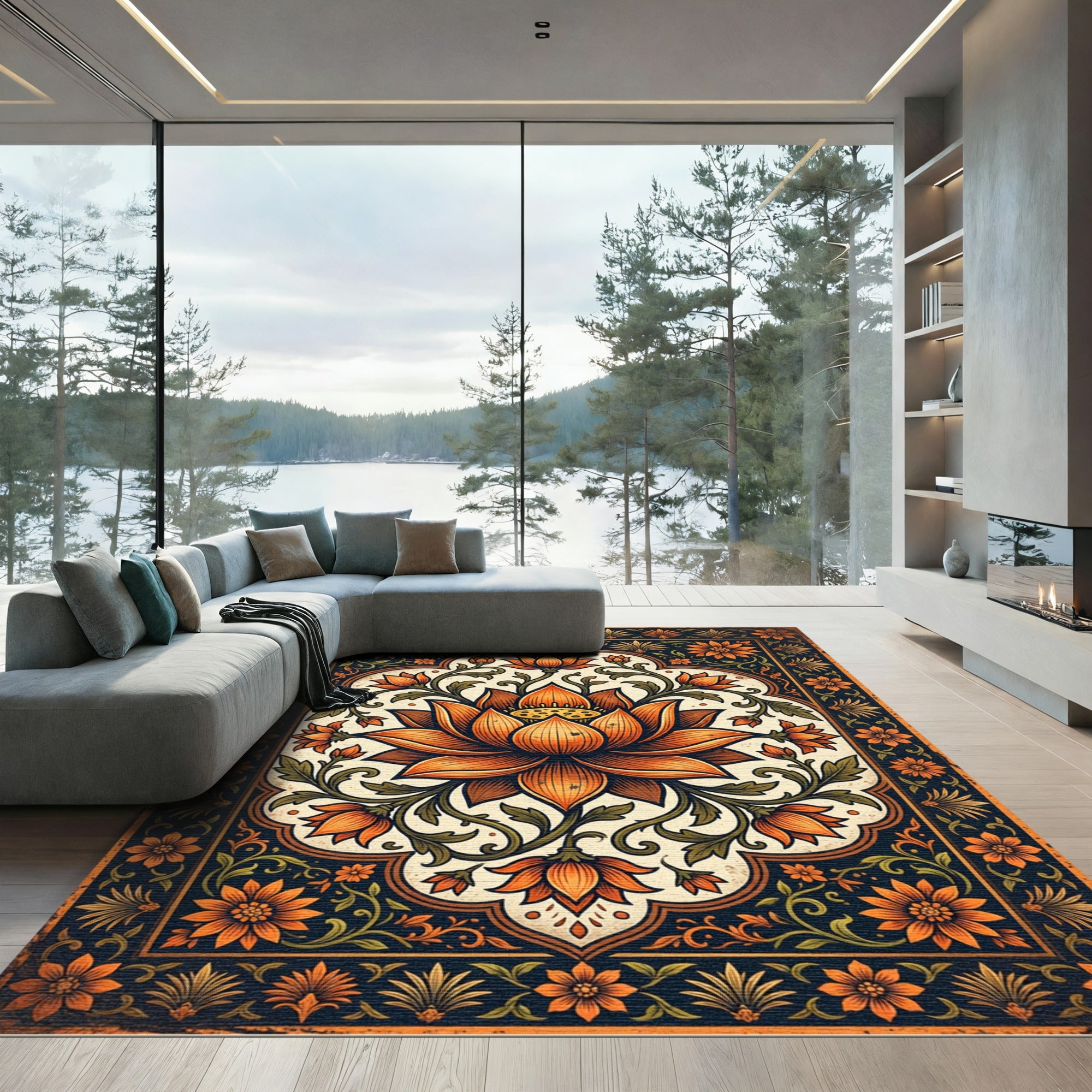 Ornate Amber Lotus Floral Medallion Rug