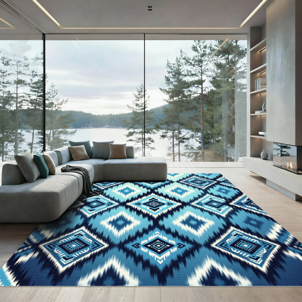 Blue Ikat Geometric Diamond Rug