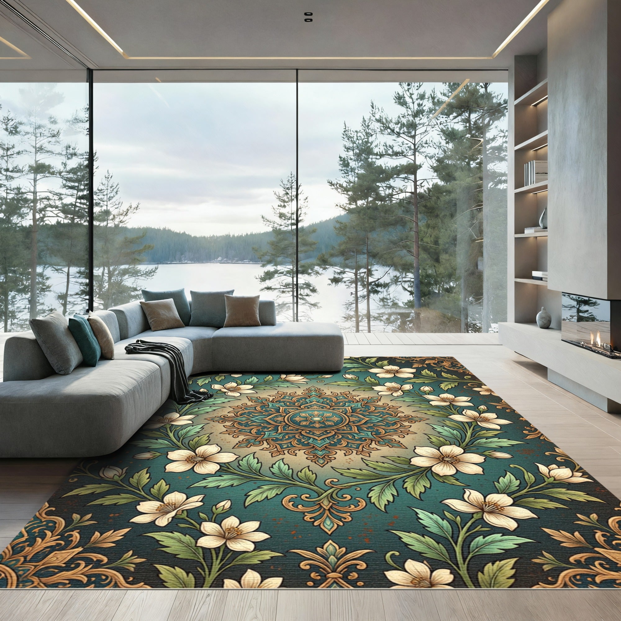 Floral Medallion Teal Gold Tapestry Rug