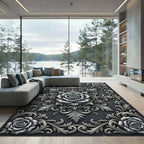 Elegant Monochrome Rose Scrollwork Art Rug