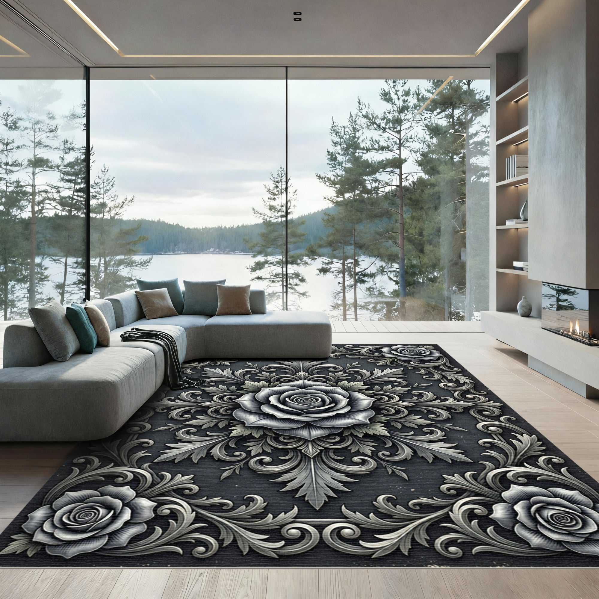 Elegant Monochrome Rose Scrollwork Art Rug