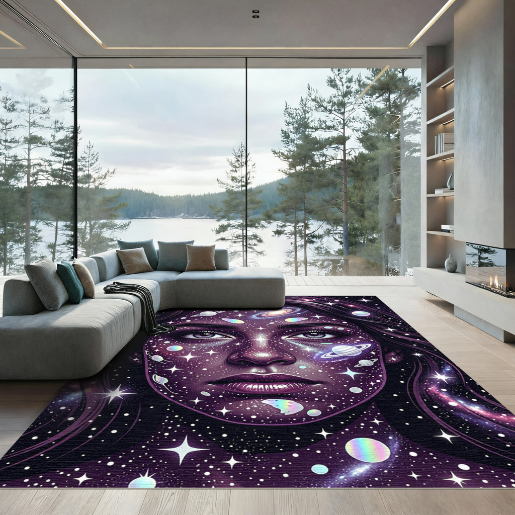 Celestial Galaxy Goddess Face Cosmic Rug