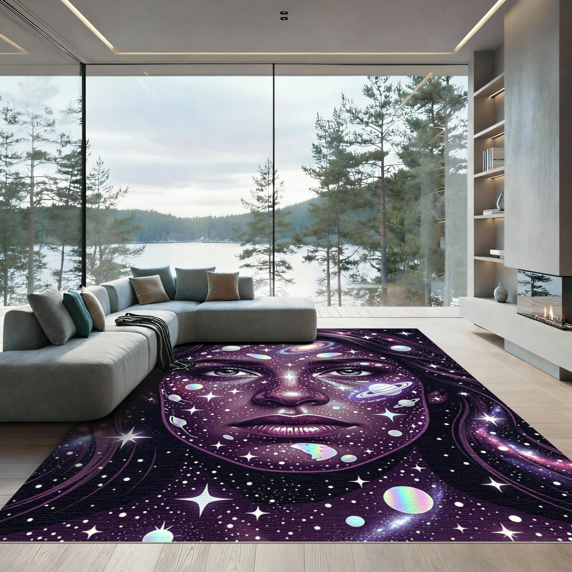 Celestial Galaxy Goddess Face Cosmic Rug